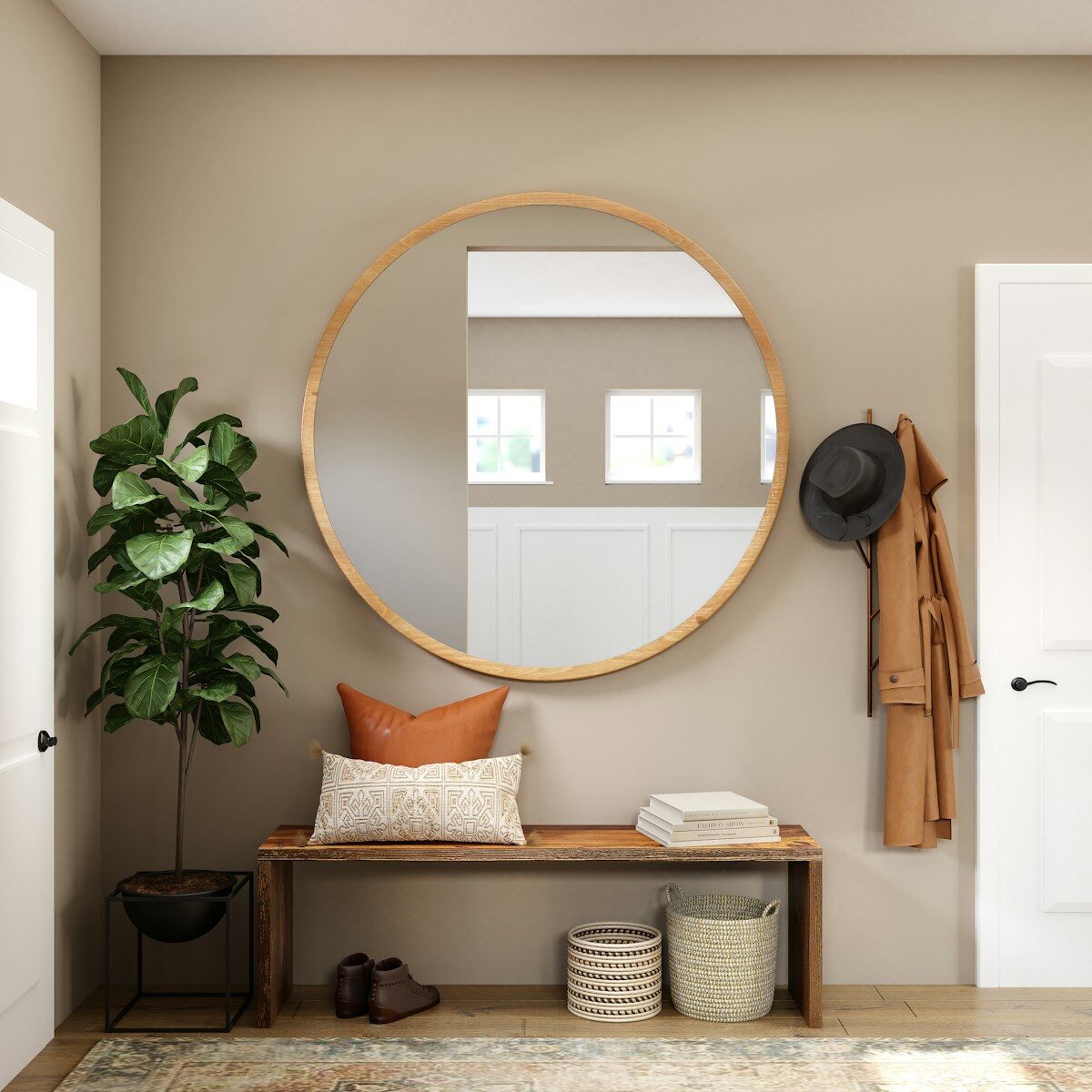 photo by spacejoy brown wooden framed mirror on white wall